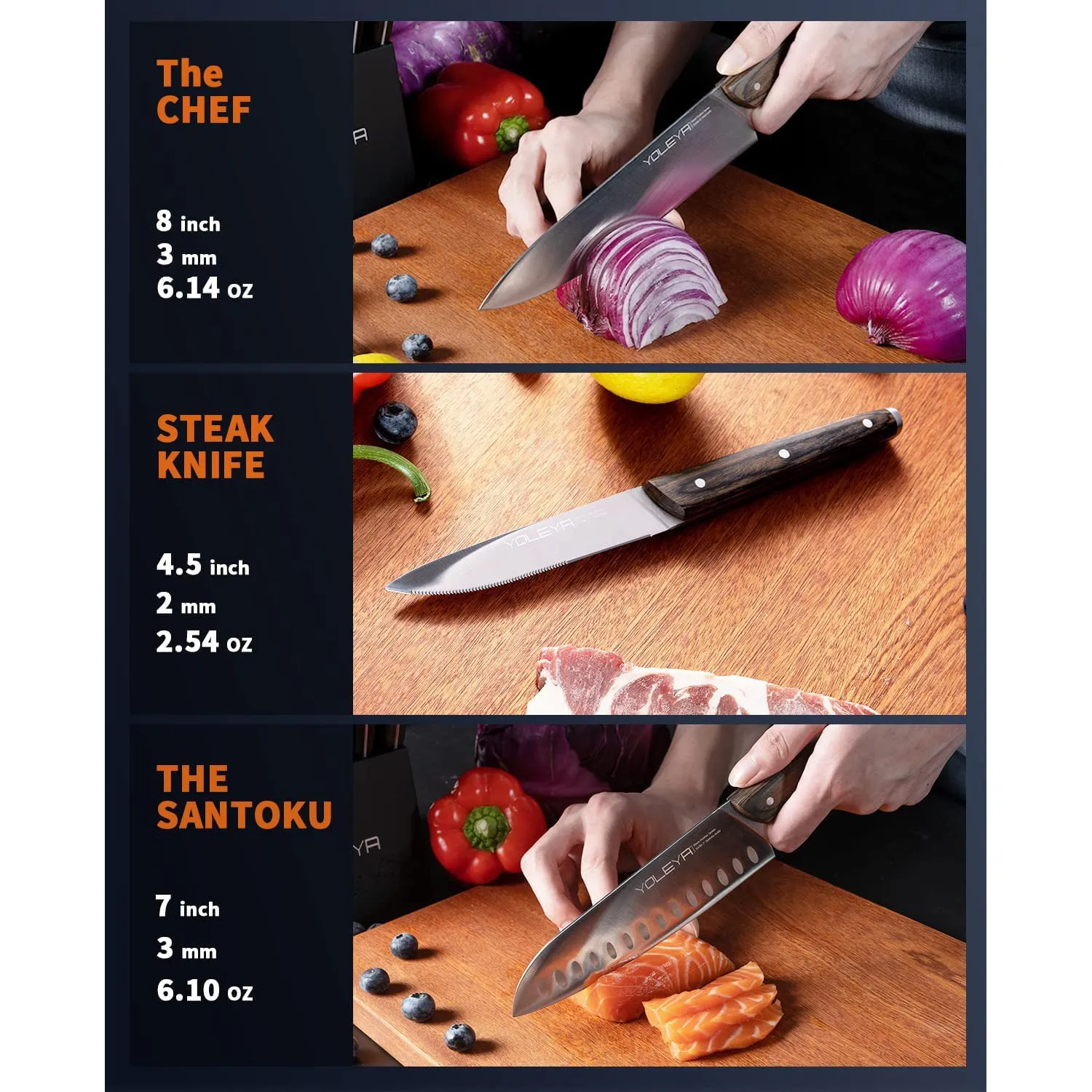 15-Pieces Set: YOLEYA Kitchen Knife Set with Block Wooden Triple Rivets