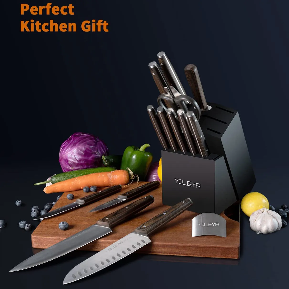 15-Pieces Set: YOLEYA Kitchen Knife Set with Block Wooden Triple Rivets