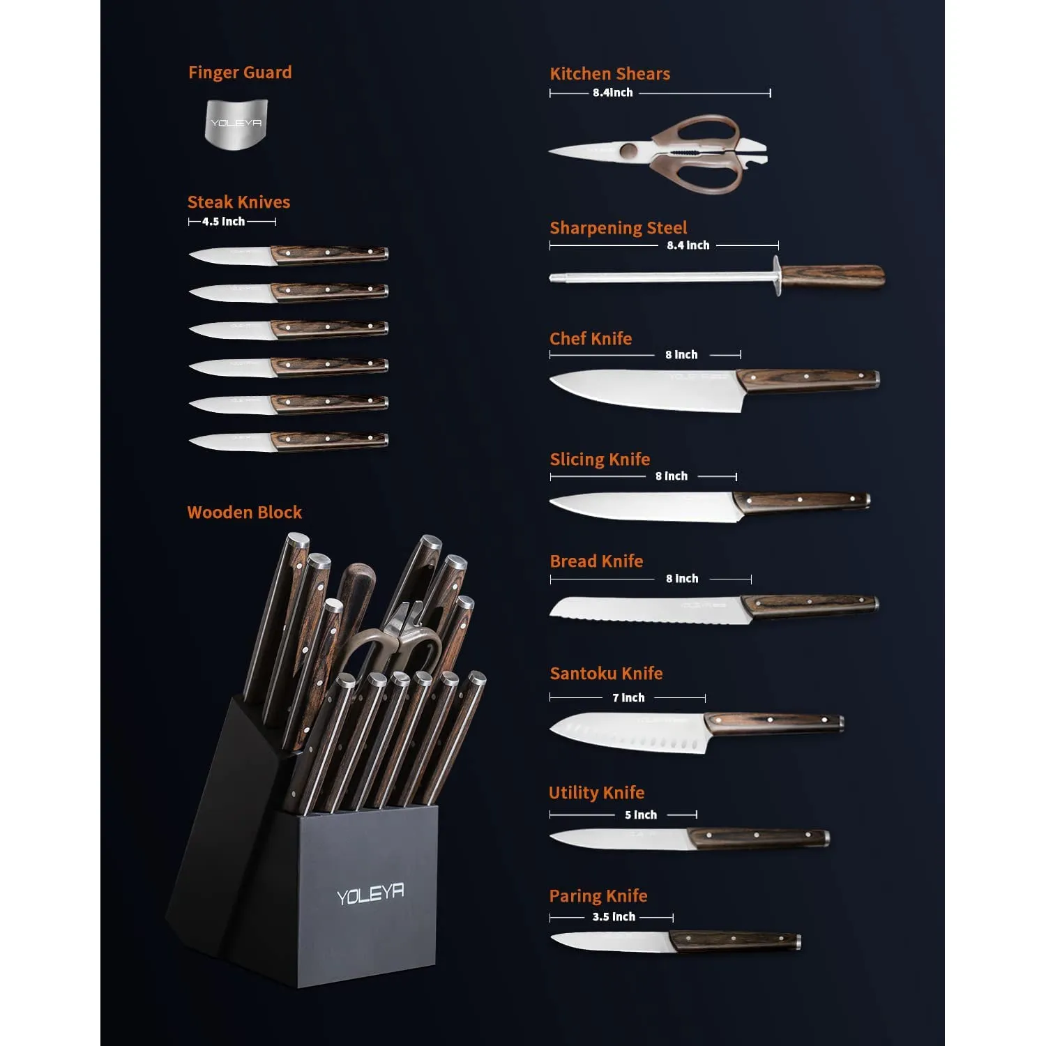 15-Pieces Set: YOLEYA Kitchen Knife Set with Block Wooden Triple Rivets