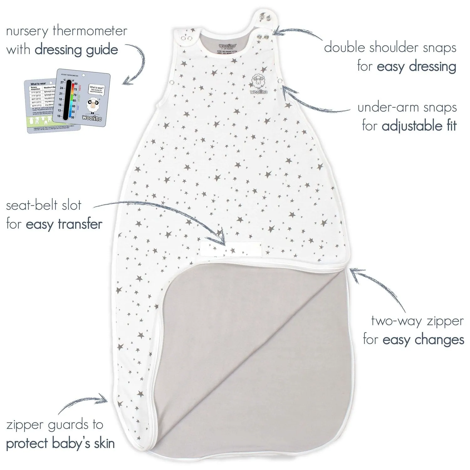 4 Season Ultimate Baby Sleep Bag, Merino Wool & Organic Cotton, 2 Months - 2 Years, Palms
