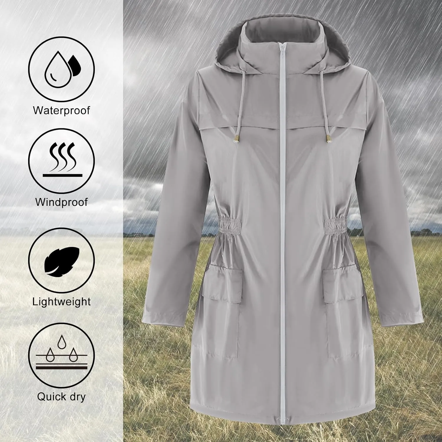 American Trends Rain Jacket Women Waterproof with Hood Windbreaker Jacket Travel Rain Coat Packable Lightweight Long Raincoat
