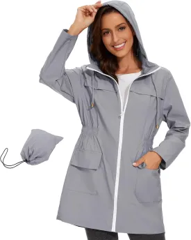 American Trends Rain Jacket Women Waterproof with Hood Windbreaker Jacket Travel Rain Coat Packable Lightweight Long Raincoat