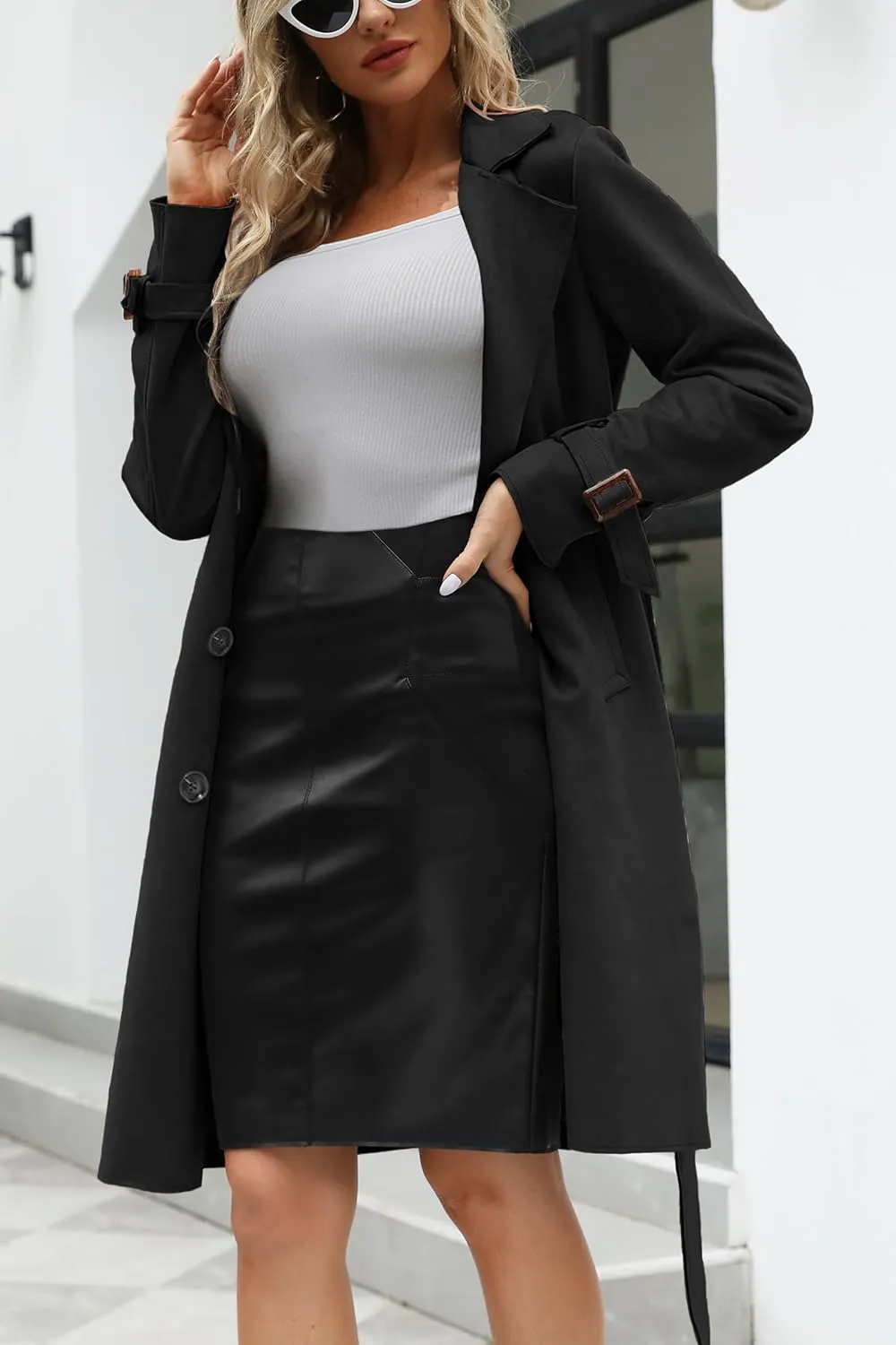 Bellivera Womens Faux Suede Leather Jacket Spring and Winter Fashion Long Trench Coat, Lightweight Windbreaker