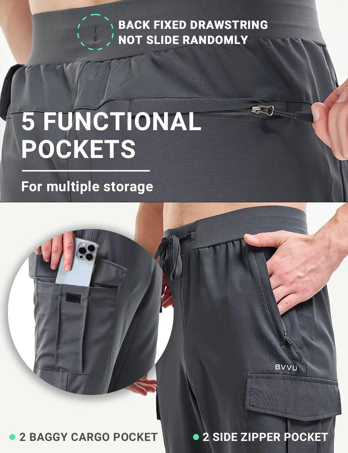BVVU Men's Lightweight Cargo Joggers with Zipper Pockets Sweatpants for Men Quick Dry Gym Workout Athletic Golf Track Pants