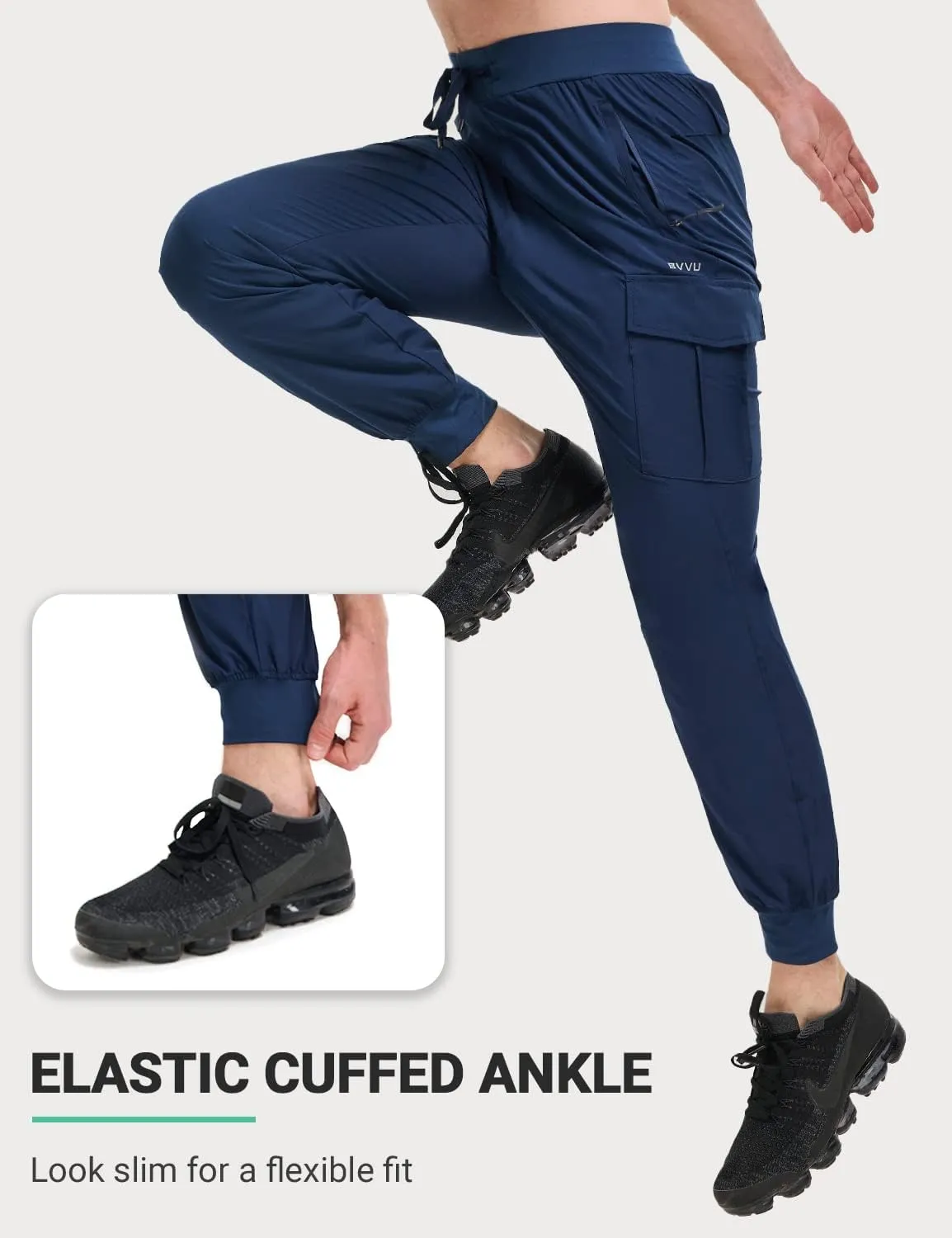 BVVU Men's Lightweight Cargo Joggers with Zipper Pockets Sweatpants for Men Quick Dry Gym Workout Athletic Golf Track Pants