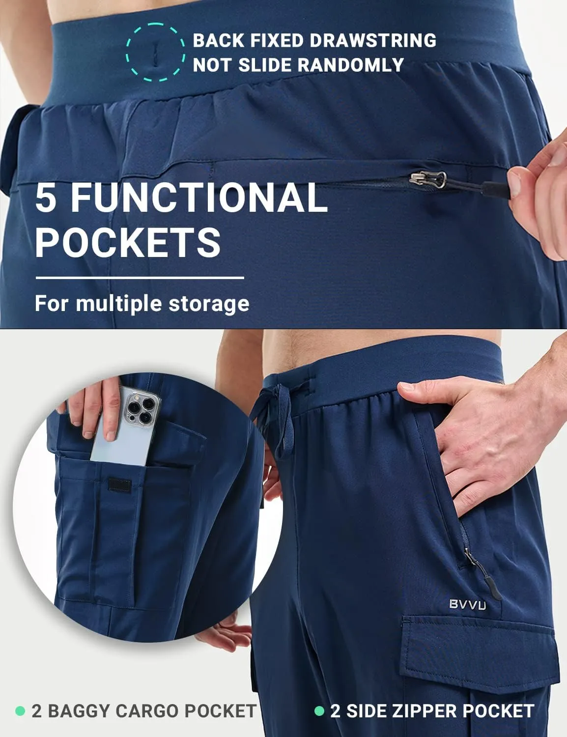 BVVU Men's Lightweight Cargo Joggers with Zipper Pockets Sweatpants for Men Quick Dry Gym Workout Athletic Golf Track Pants