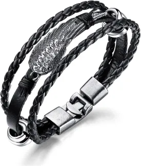 Handmade Braided Leather Wristband Bracelet Angel Wing Feather Wrap Bracelet for Men