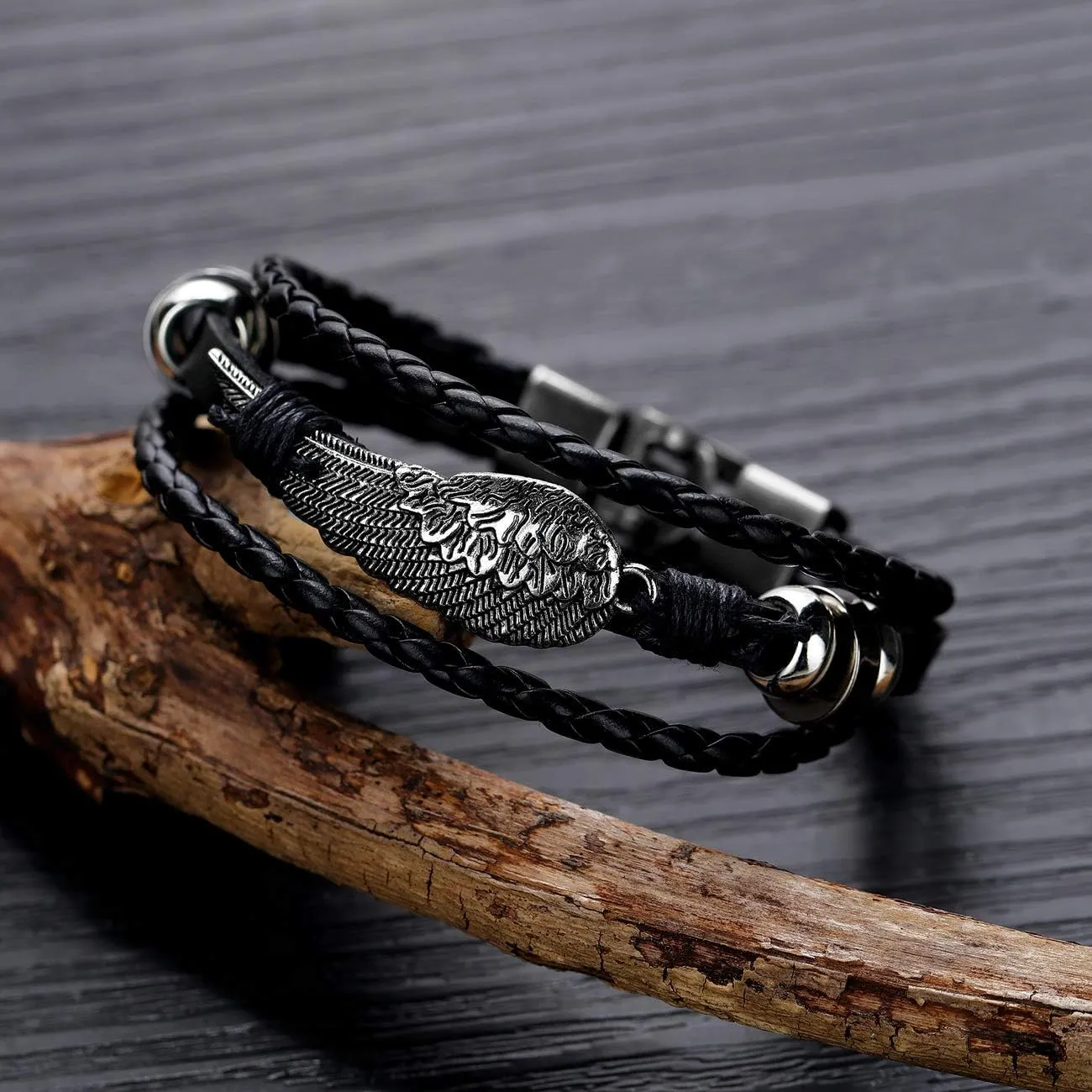 Handmade Braided Leather Wristband Bracelet Angel Wing Feather Wrap Bracelet for Men