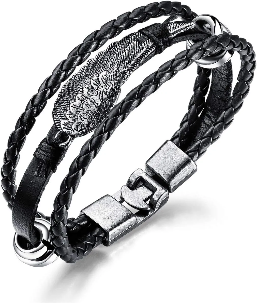 Handmade Braided Leather Wristband Bracelet Angel Wing Feather Wrap Bracelet for Men