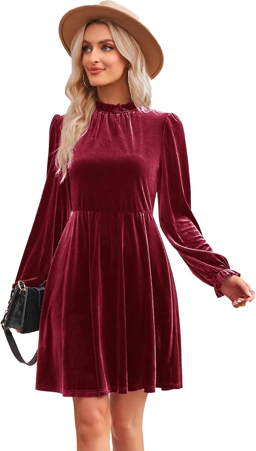 Jayscreate Women's 2023 Velvet Dress Elastic Waistline Fall Long Sleeve Wedding Guest Short Wrap Tunic Formal Dress