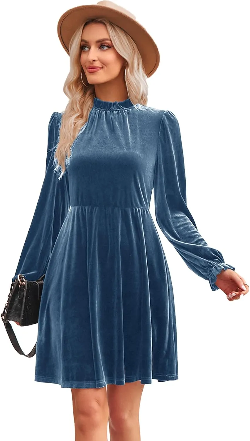 Jayscreate Women's 2023 Velvet Dress Elastic Waistline Fall Long Sleeve Wedding Guest Short Wrap Tunic Formal Dress