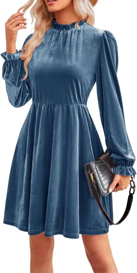 Jayscreate Women's 2023 Velvet Dress Elastic Waistline Fall Long Sleeve Wedding Guest Short Wrap Tunic Formal Dress