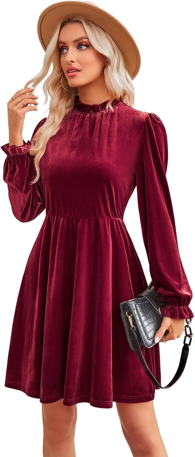Jayscreate Women's 2023 Velvet Dress Elastic Waistline Fall Long Sleeve Wedding Guest Short Wrap Tunic Formal Dress