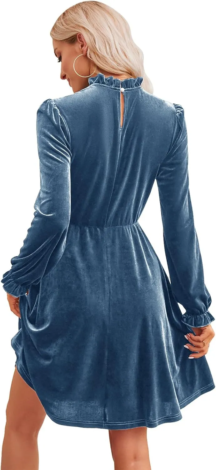 Jayscreate Women's 2023 Velvet Dress Elastic Waistline Fall Long Sleeve Wedding Guest Short Wrap Tunic Formal Dress