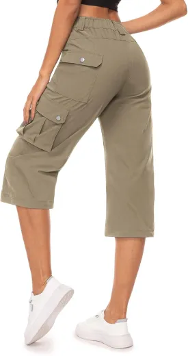 Moosehill Women's-Cargo-Capris-Pants High Waist Waterproof Hiking Casual Travel Summer Pants for Women with 6 Pockets