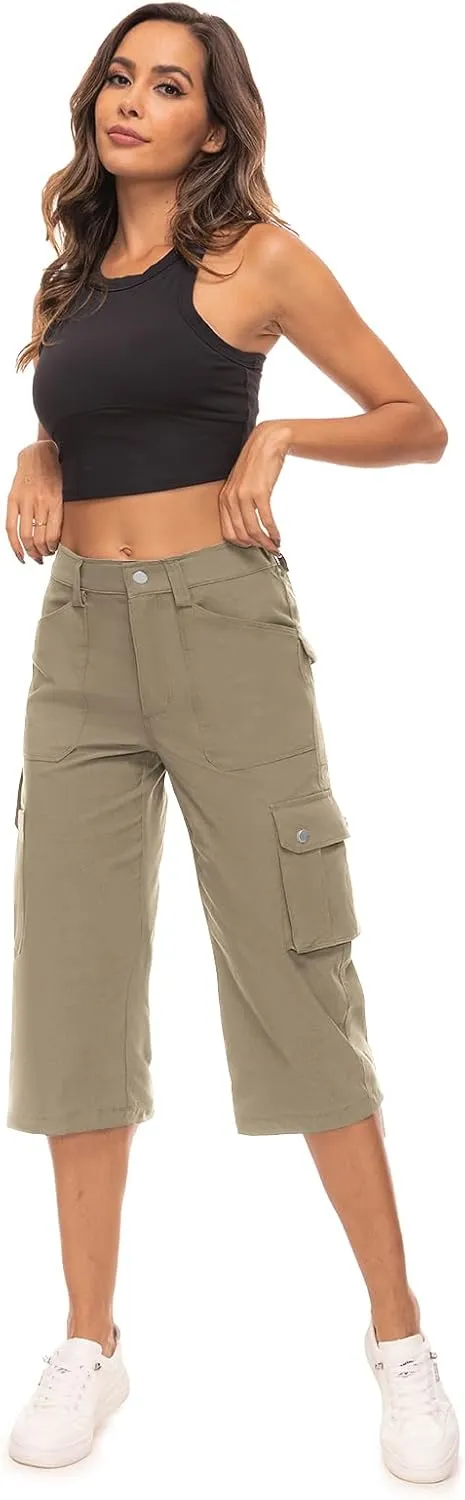 Moosehill Women's-Cargo-Capris-Pants High Waist Waterproof Hiking Casual Travel Summer Pants for Women with 6 Pockets