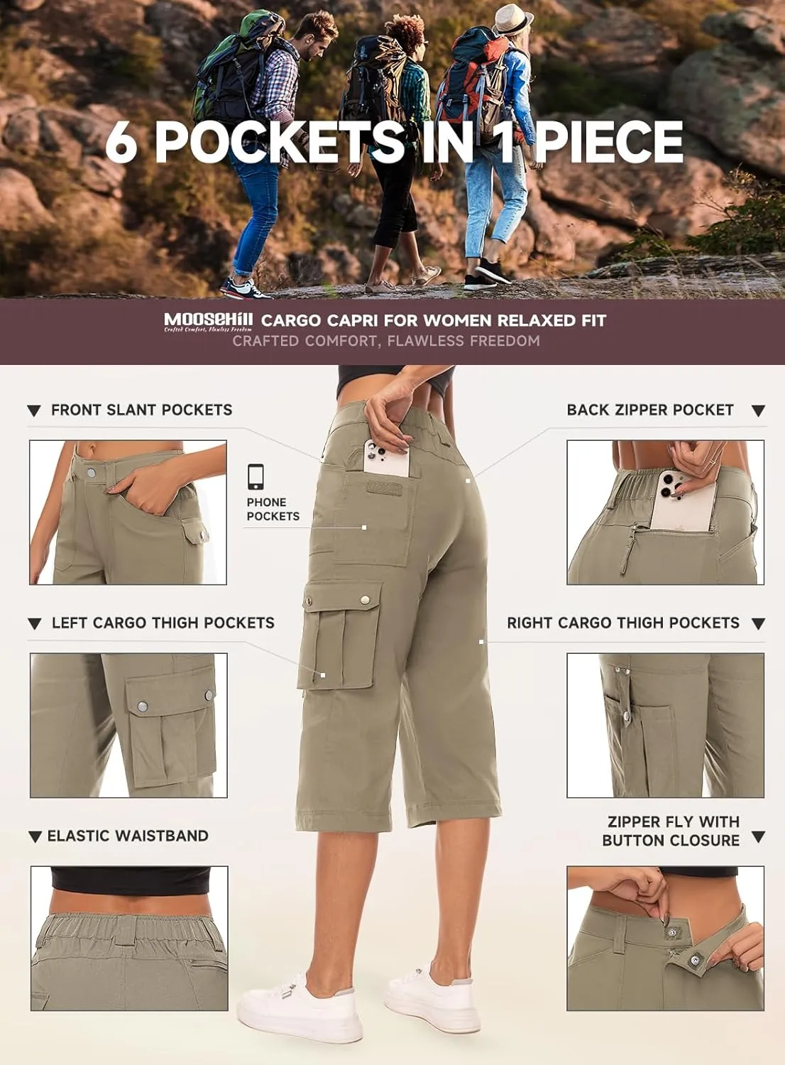 Moosehill Women's-Cargo-Capris-Pants High Waist Waterproof Hiking Casual Travel Summer Pants for Women with 6 Pockets