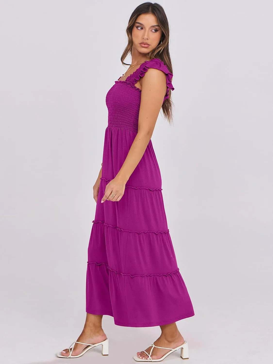 NRABESS Womens Smocked Maxi Dress Summer Casual Ruffle Square Neck Boho Ruffle Flowy A-line Beach Sundress with Pockets