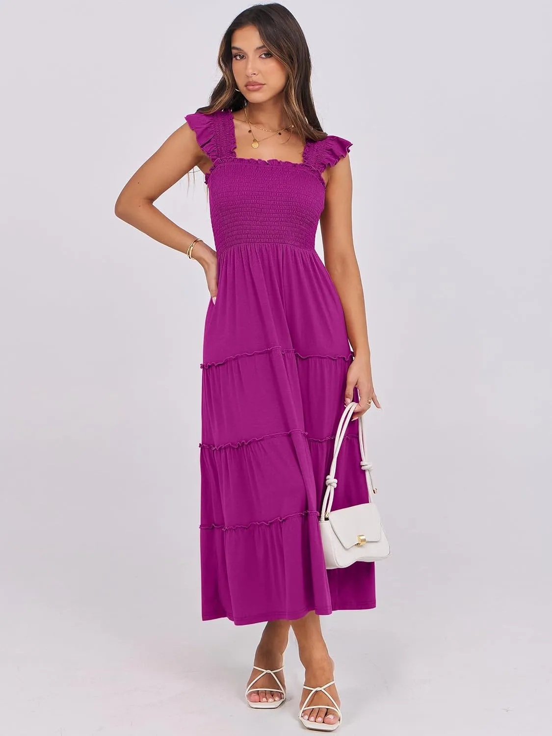 NRABESS Womens Smocked Maxi Dress Summer Casual Ruffle Square Neck Boho Ruffle Flowy A-line Beach Sundress with Pockets