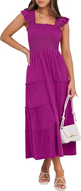 NRABESS Womens Smocked Maxi Dress Summer Casual Ruffle Square Neck Boho Ruffle Flowy A-line Beach Sundress with Pockets