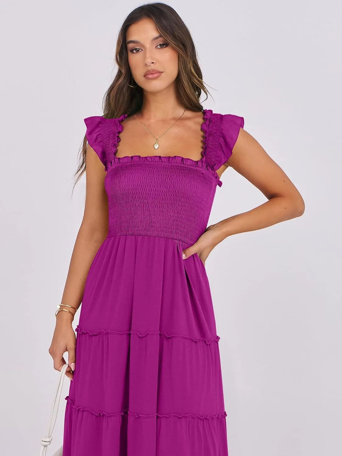 NRABESS Womens Smocked Maxi Dress Summer Casual Ruffle Square Neck Boho Ruffle Flowy A-line Beach Sundress with Pockets