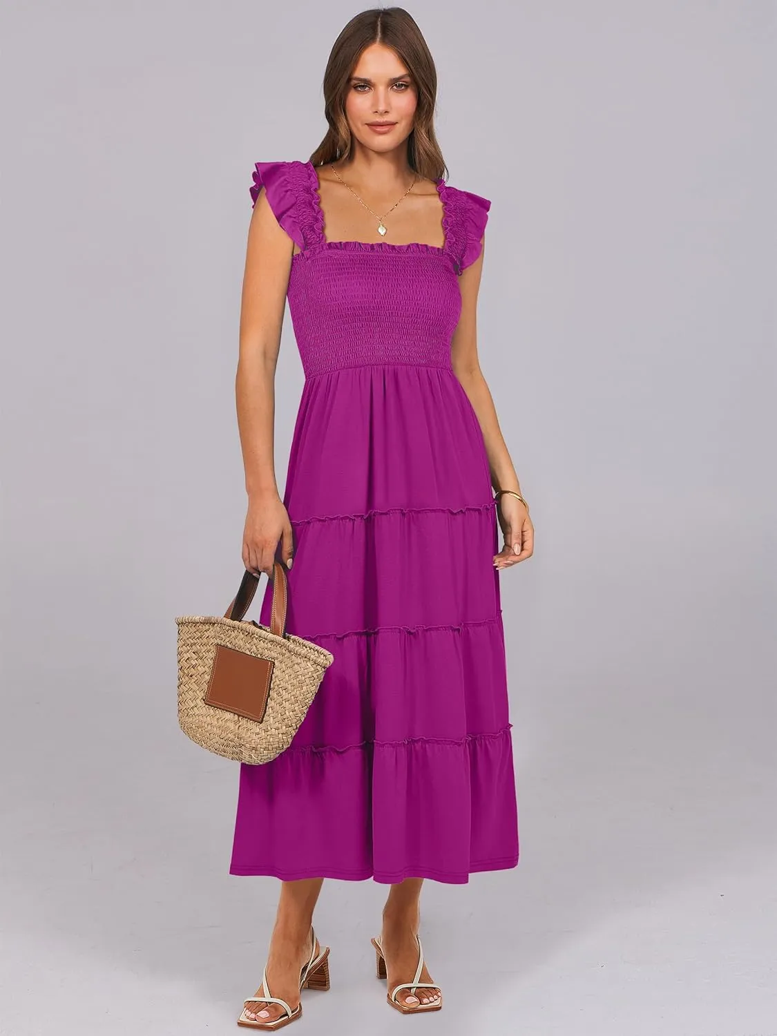 NRABESS Womens Smocked Maxi Dress Summer Casual Ruffle Square Neck Boho Ruffle Flowy A-line Beach Sundress with Pockets
