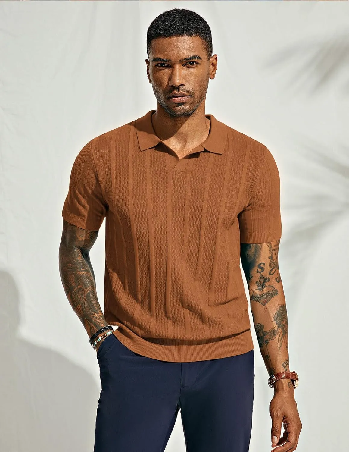PJ PAUL JONES Mens Polo Shirts Textured Knit V-Neck Summer Shirts