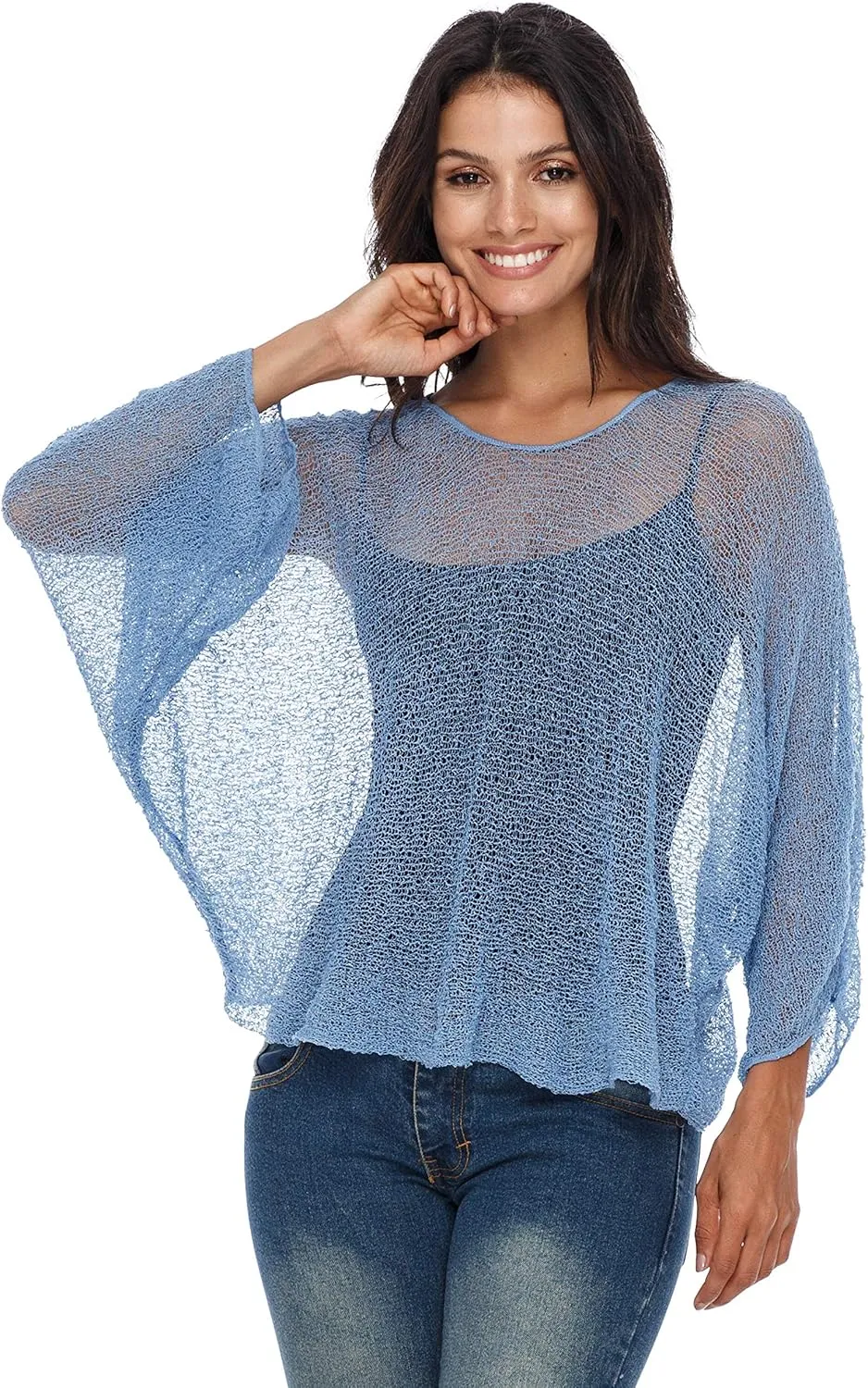 SHU-SHI Womens Sheer Blouse Top Knit Lightweight Shrug Sweater Poncho