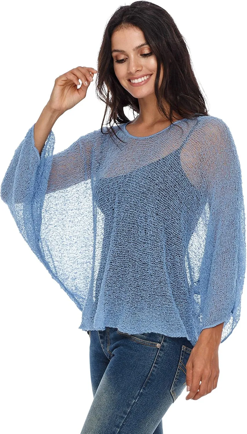 SHU-SHI Womens Sheer Blouse Top Knit Lightweight Shrug Sweater Poncho