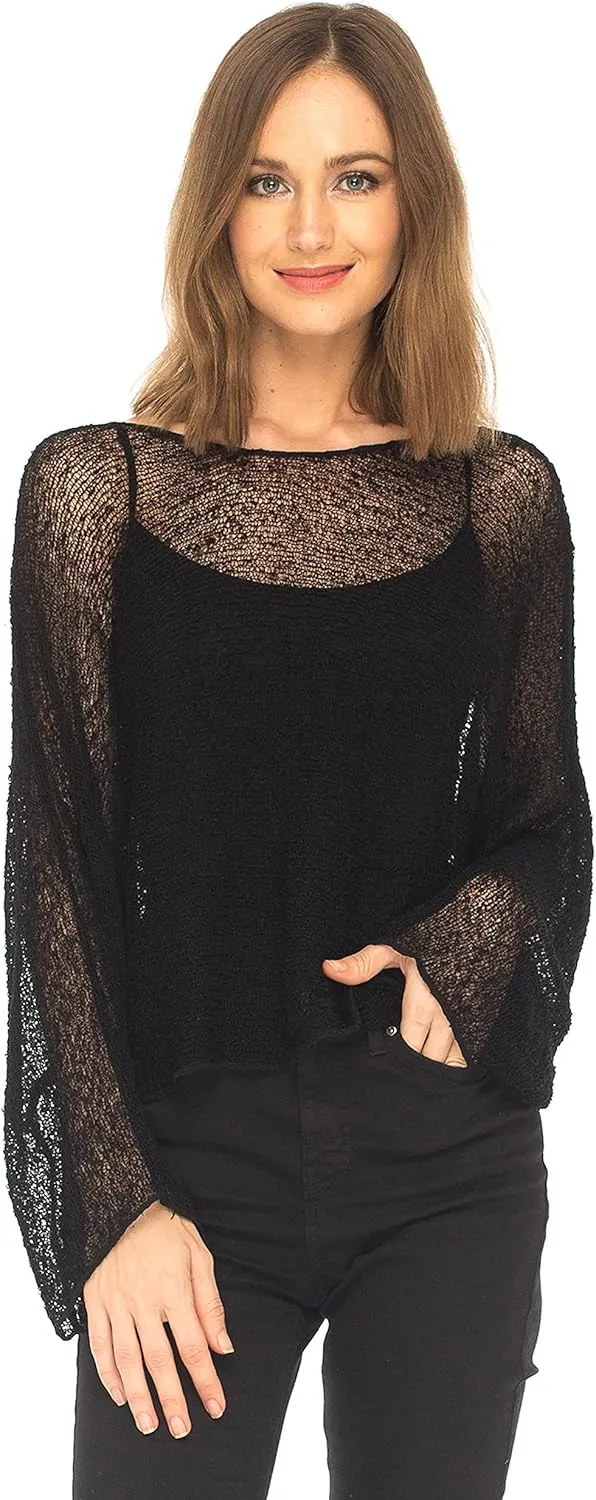 SHU-SHI Womens Sheer Blouse Top Knit Lightweight Shrug Sweater Poncho