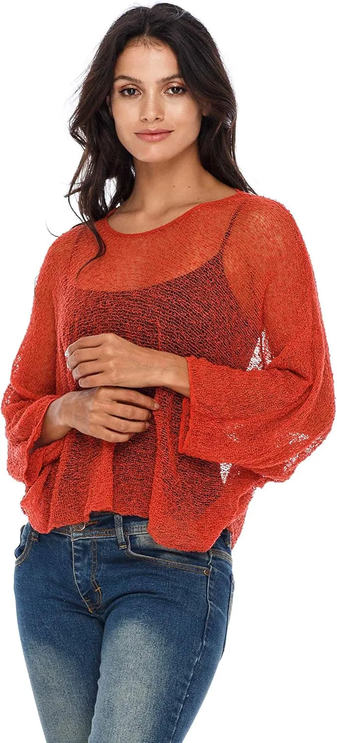 SHU-SHI Womens Sheer Blouse Top Knit Lightweight Shrug Sweater Poncho