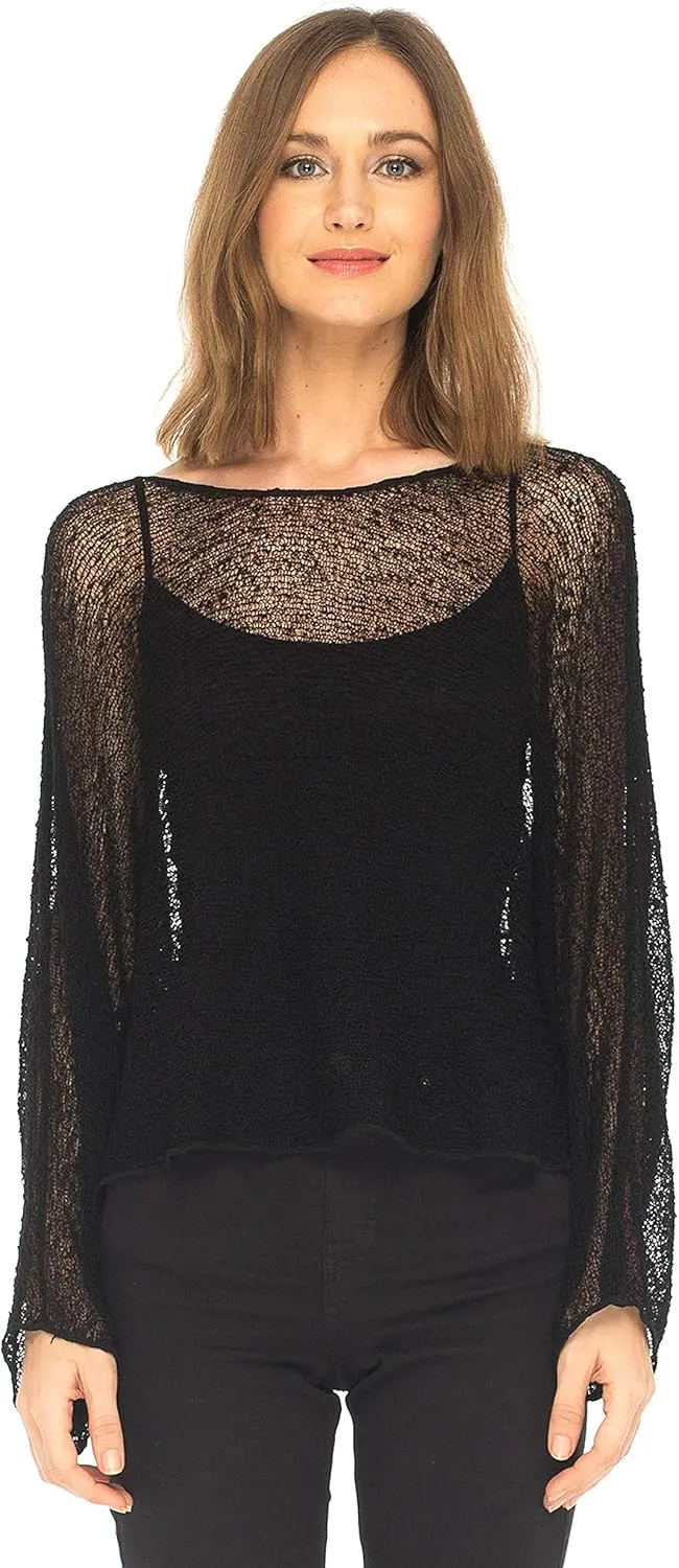 SHU-SHI Womens Sheer Blouse Top Knit Lightweight Shrug Sweater Poncho