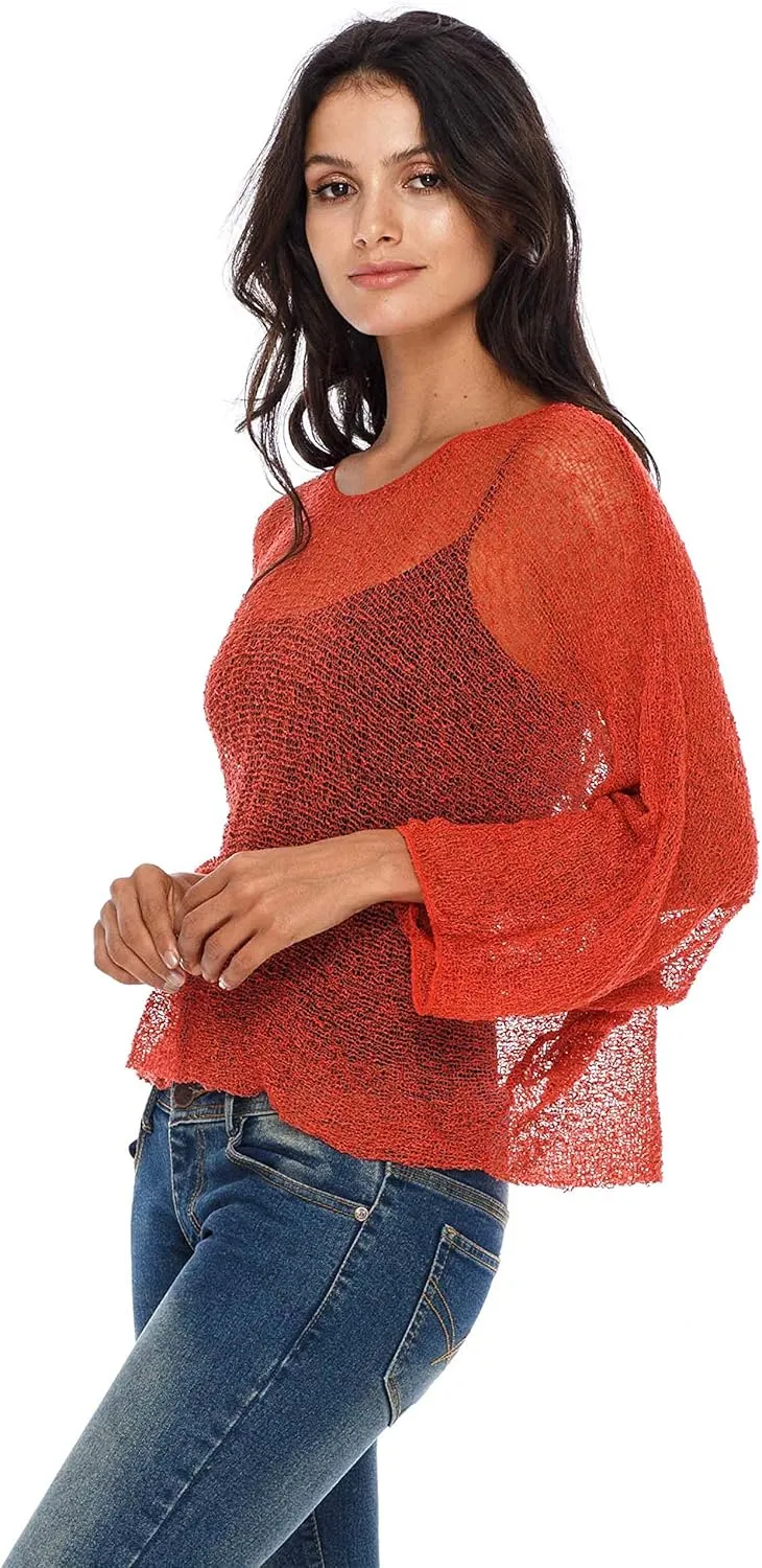 SHU-SHI Womens Sheer Blouse Top Knit Lightweight Shrug Sweater Poncho