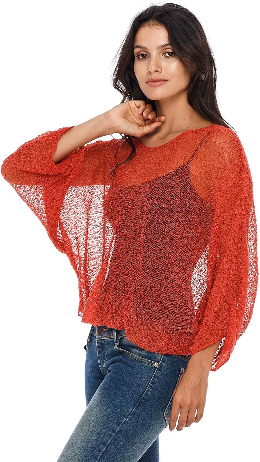SHU-SHI Womens Sheer Blouse Top Knit Lightweight Shrug Sweater Poncho