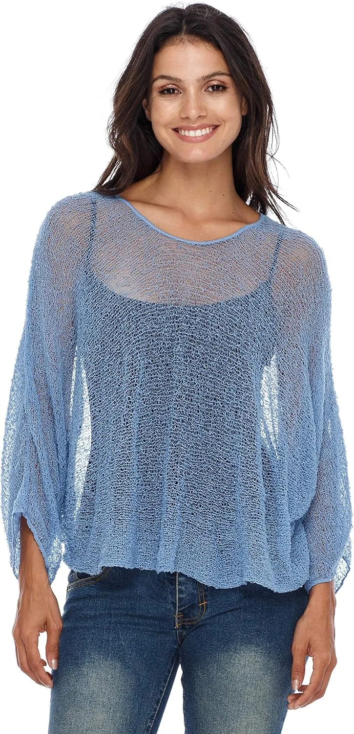 SHU-SHI Womens Sheer Blouse Top Knit Lightweight Shrug Sweater Poncho