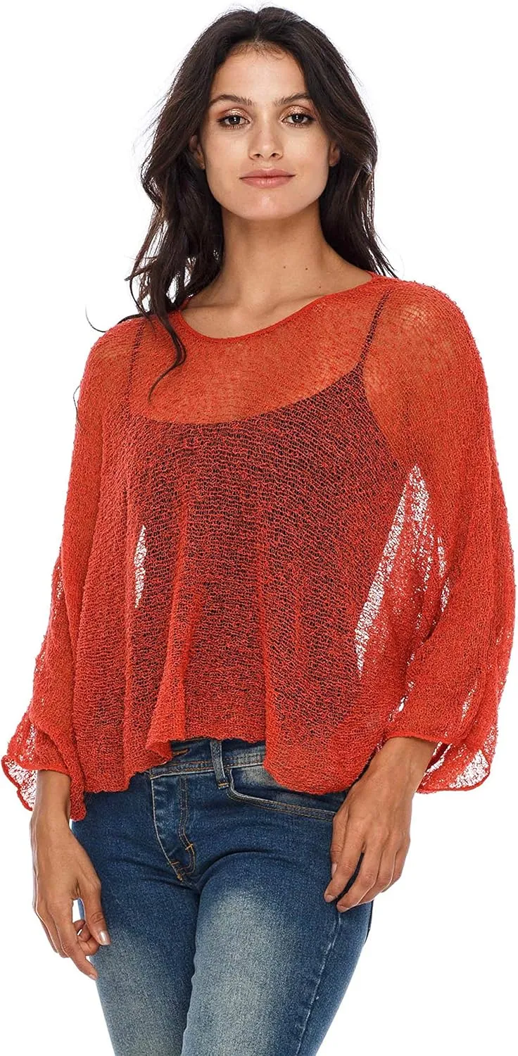 SHU-SHI Womens Sheer Blouse Top Knit Lightweight Shrug Sweater Poncho