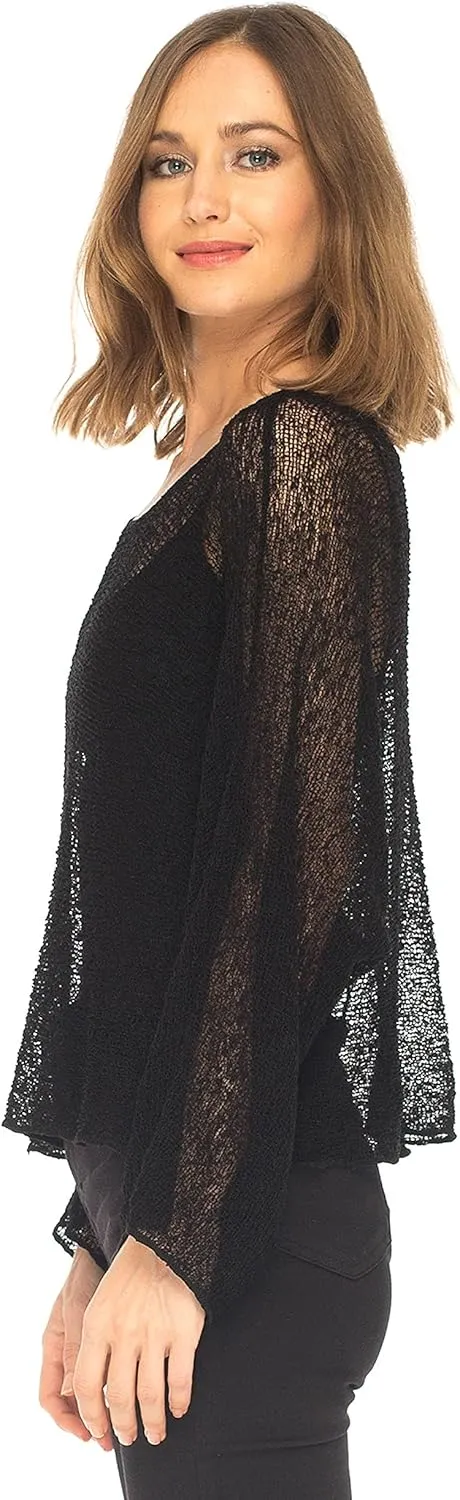 SHU-SHI Womens Sheer Blouse Top Knit Lightweight Shrug Sweater Poncho