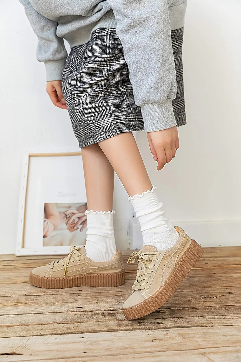 SRYL Women Ankle Socks Ruffle Turn-Cuff,Lovely double needle solid color edge relent Girl socks