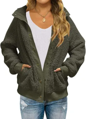 TECREW Womens Winter Sherpa Fleece Button Jacket Coat Loose Long Sleeve Outwear with Pockets